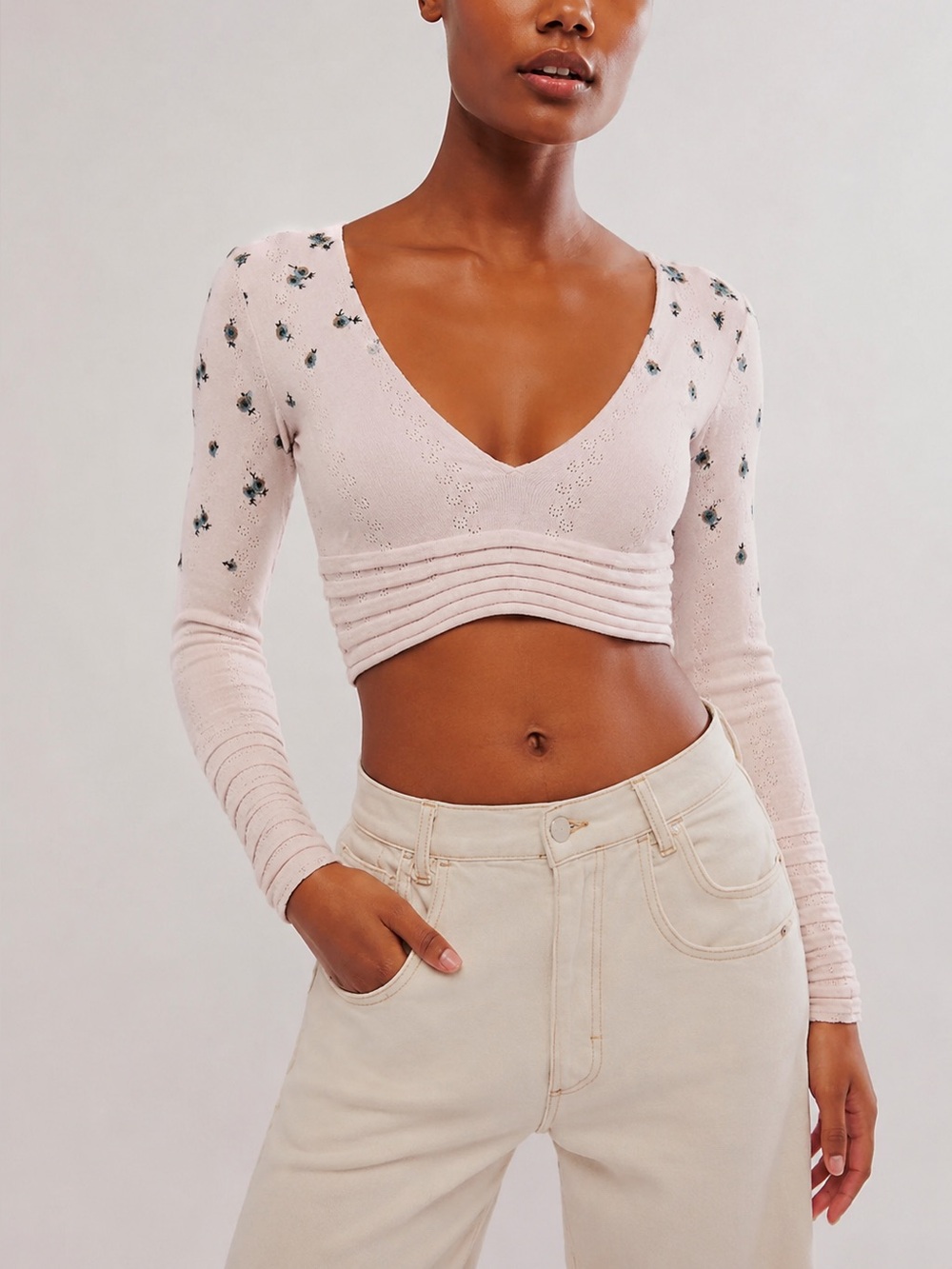 Free People V Neck Floral Embroidered Crop Intimately Top